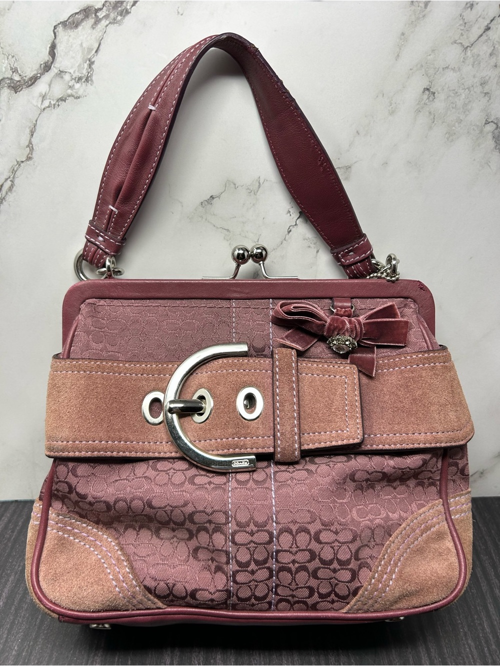 COACH 8A25 FRAMED SIGNATURE KISS-LOCK MINI RHINESTONE VELVET BOW DOCTORS BAG